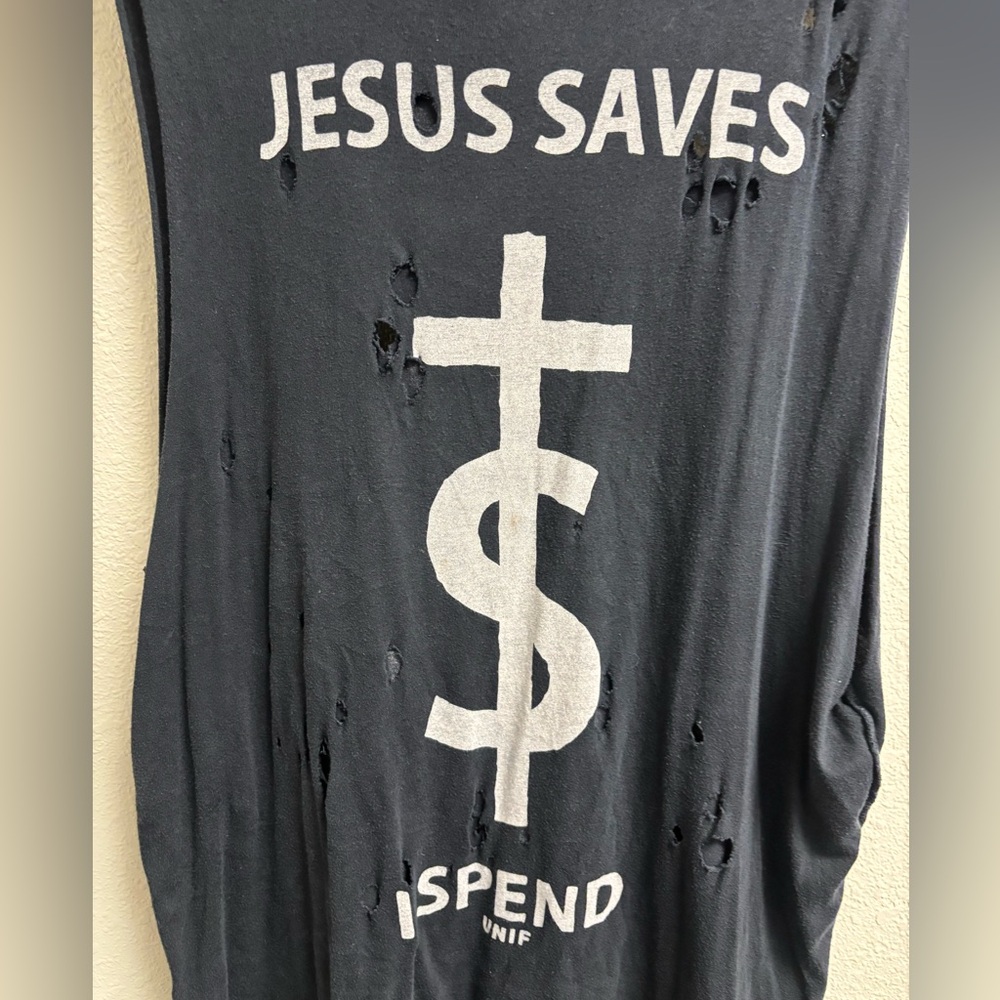 *RARE* UNIF “Jesus Saves I Spend” Distressed Muscle Tank Size L